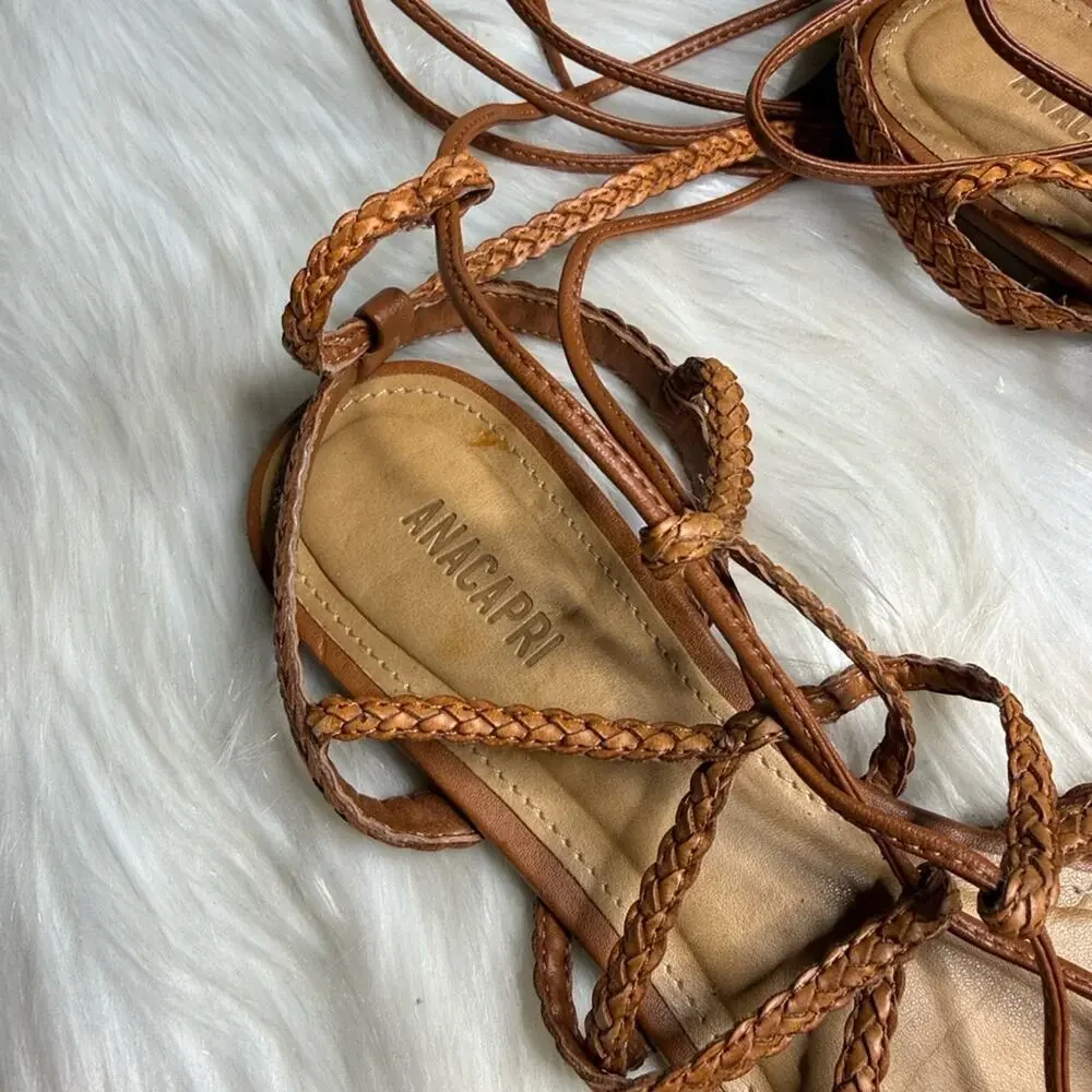 Anacapri Tan Braided Leather Ankle Wrap Gladiator Sandals